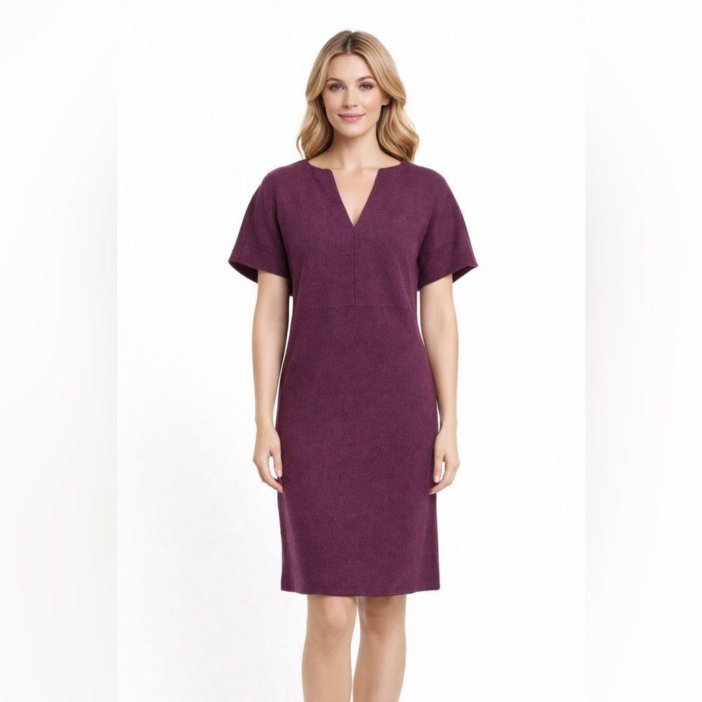 Ann Mashburn Wool Knit Shift Dress Size M Purple V Neck Short Sleeve